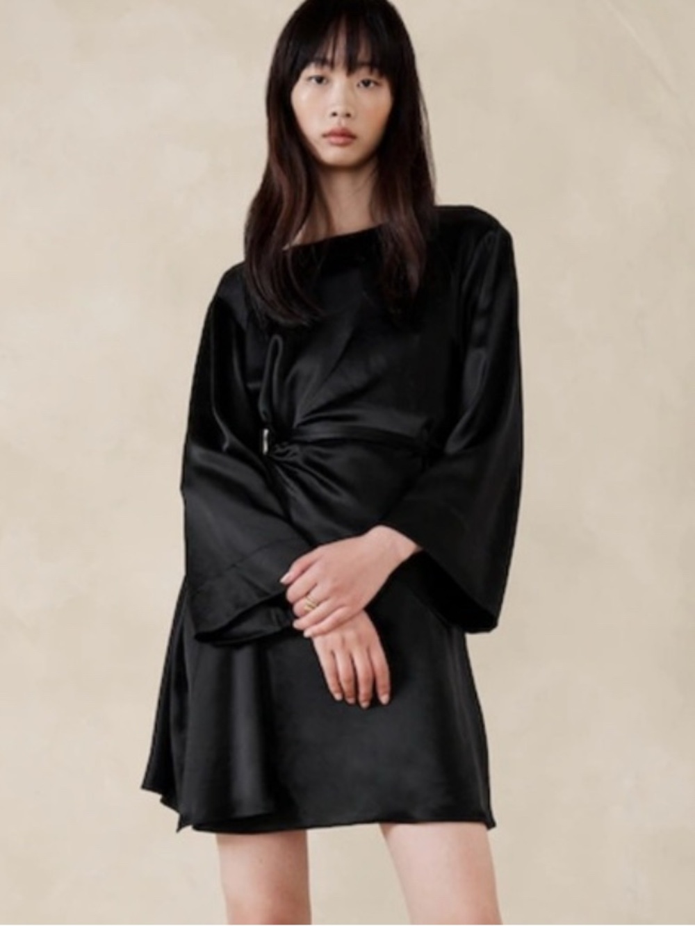 Banana Republic Black Satin Long-Sleeve Wrap Mini Dress